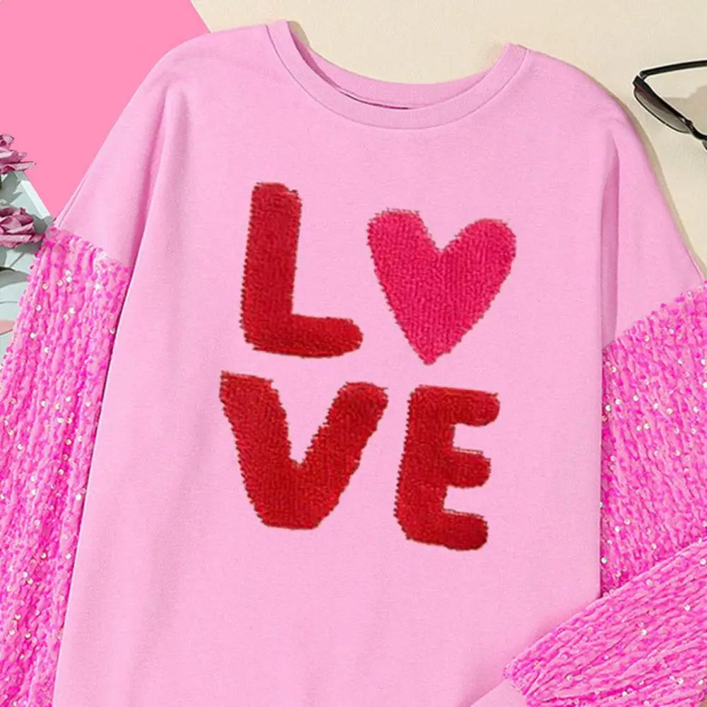 Women Valentines Day Sweatshirt Sequin Sleeves Heart Bright Color Round Neck Long Sleeve Loose Pullover Lady Party Holiday Top