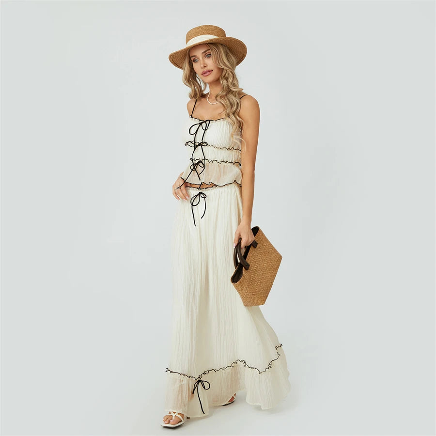 Women 2 Piece Ruffle Maxi Skirt Set Front Tie Up Tank Top and Flowy Ruffle Long Skirts Summer Vacation Beach Outfits.