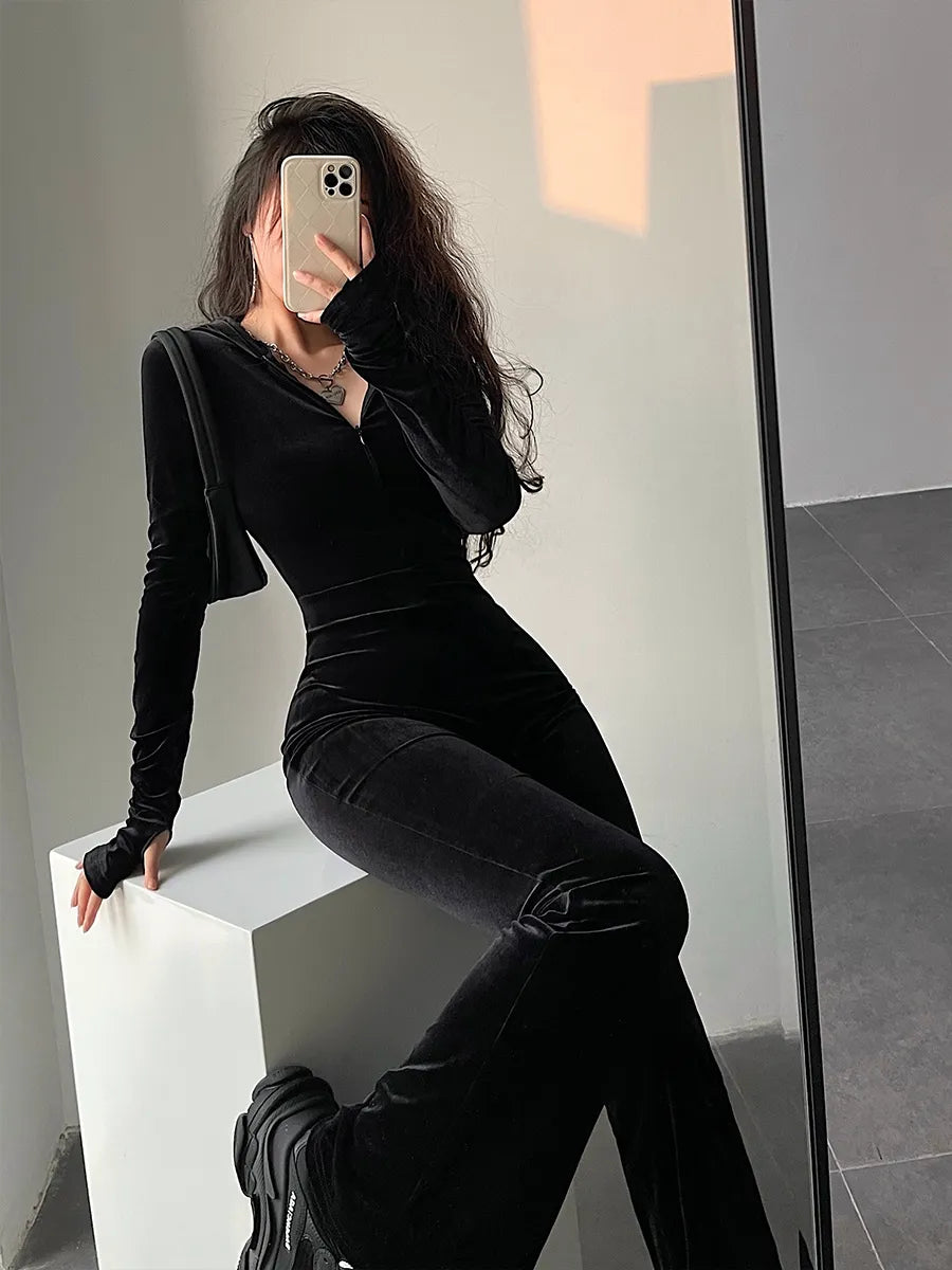 Fashion Black Velvet Slim Hooded Zipper Long Sleeve Flare Pants Jumpsuit Rompers Sexy Hot Tops 2023