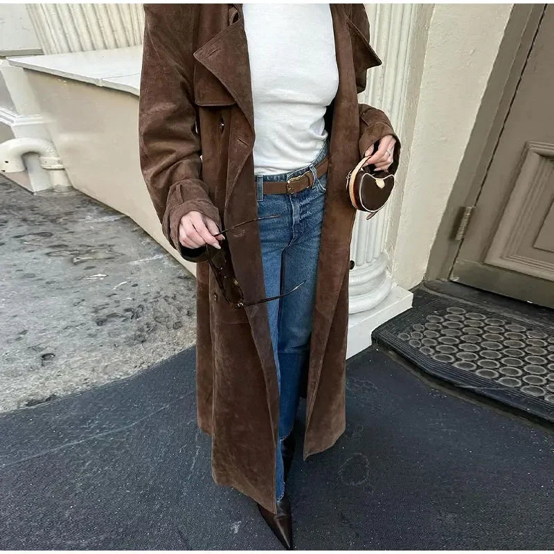 Vintage Brown Faux Leather Overcoat With Belt Elegant Lapel Double Breasted Pocket Long Coats Autumn Chic Lady Street Outwear