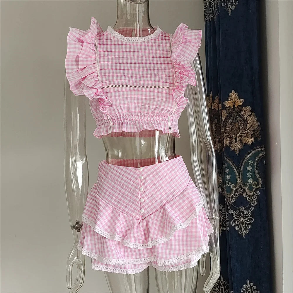 Spring Cotton Plaid Ruffled Top and Short Sunday Sets Holiday Vocation Sets