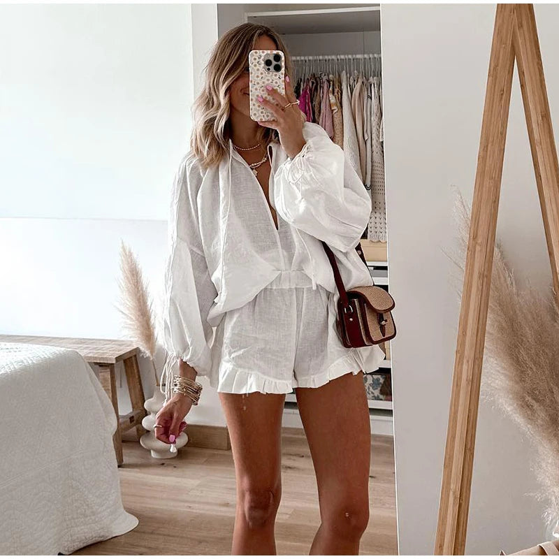 Summer Casual V-neck Drawstring Long Sleeved Top Sets Women Fashion Loose Ruffle Shorts Suits 2024 Lady Highstreet Beach Outfits