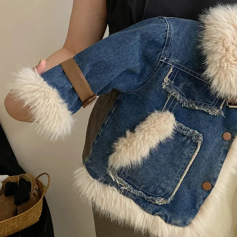 Winter Season Girl Fur Lapel Collar Thickening Cowboy Coat Plush Outerwear Fashion