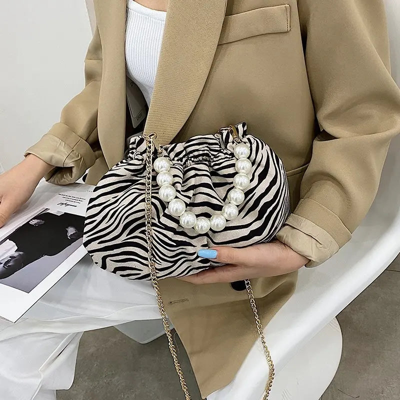 Leopard/Zebra Print Women Bag  Trend Chic Shoulder Bag Luxury Designer Handbag Chains Hobos Pearl Handle Tote Bags