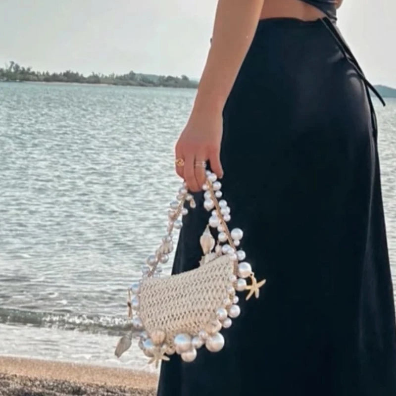 Lady Evening Bags For Women Luxury Designer Brand Handbags And Purses 2023 New In Papyrus Woven Chain Beaded Trim Shoulder Bag Beach bag