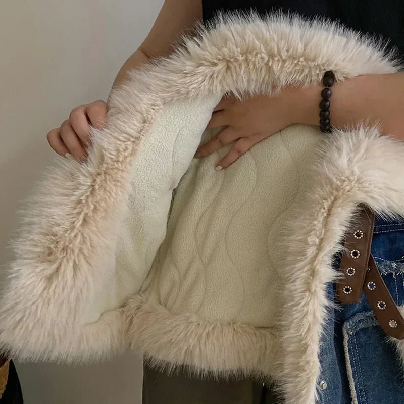 Winter Season Girl Fur Lapel Collar Thickening Cowboy Coat Plush Outerwear Fashion