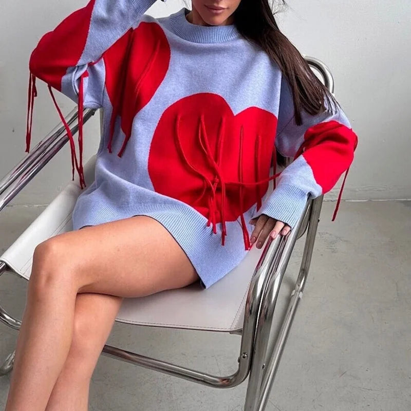 Sweater Women Valentines Day Clothes Tassel Heart Print Round Neck Long Sleeve Pullover Tops 2000s Streetwear