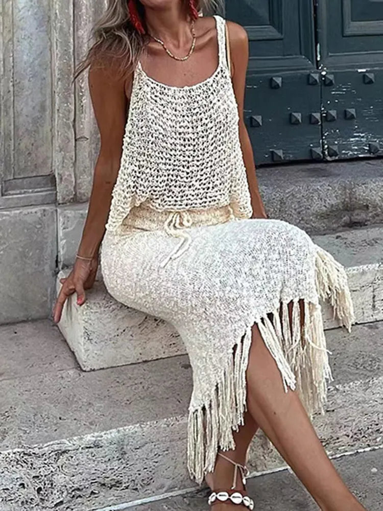 Knitted Camisole Blouse Tassel Skirts Two Piece Sets Women Sexy See Through Summer Mesh Beach Dress Suits