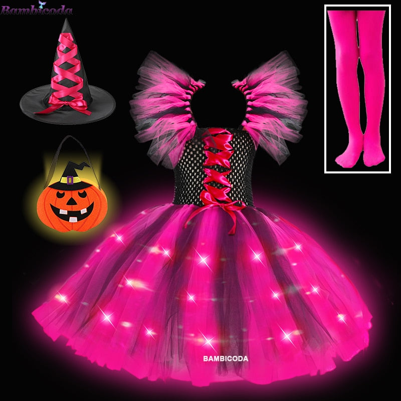 Halloween Girls Witch Dress Princess LED Light Up