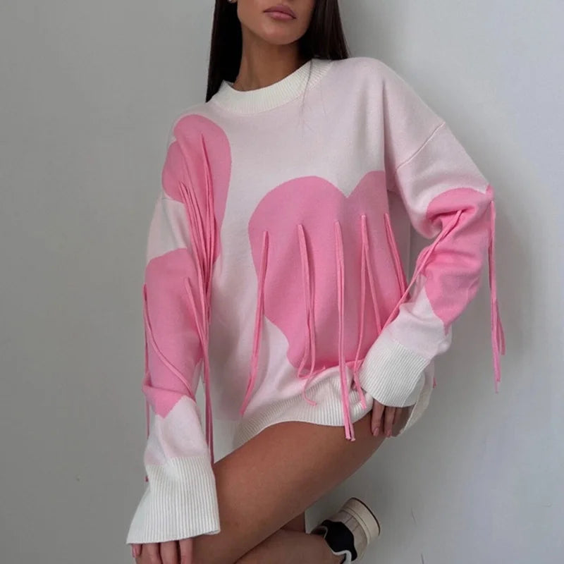 Sweater Women Valentines Day Clothes Tassel Heart Print Round Neck Long Sleeve Pullover Tops 2000s Streetwear