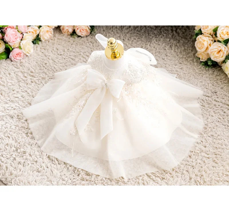 White Flower Girl Dress for Wedding Baby Baptism Sequin Tulle Birthday