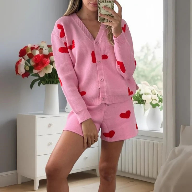 Women Knitted Set Clothes Heart Print V Neck Long Sleeve Cardigan Tops and Shorts Valentines Day Outfit Streetwear