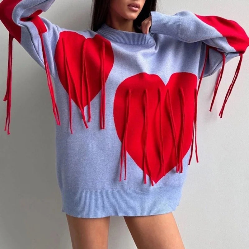 Sweater Women Valentines Day Clothes Tassel Heart Print Round Neck Long Sleeve Pullover Tops 2000s Streetwear