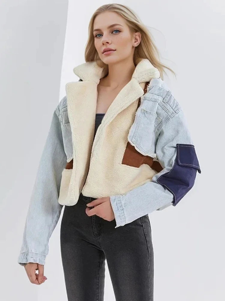 Lambswool Denim Jacket For Women Lapel Long Sleeve Patchwork Pockets Short Winter Coat