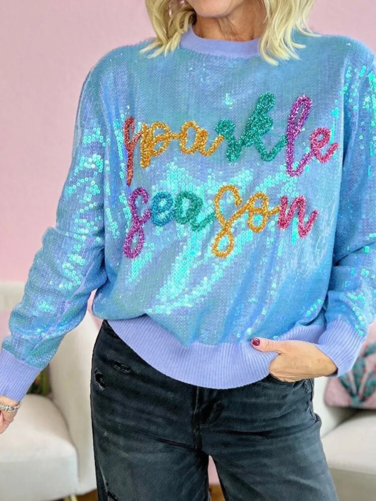 Women's Sparkly Sequin Sweatshirt Lantern Long Sleeve O Neck Party Casual Pullover Tops