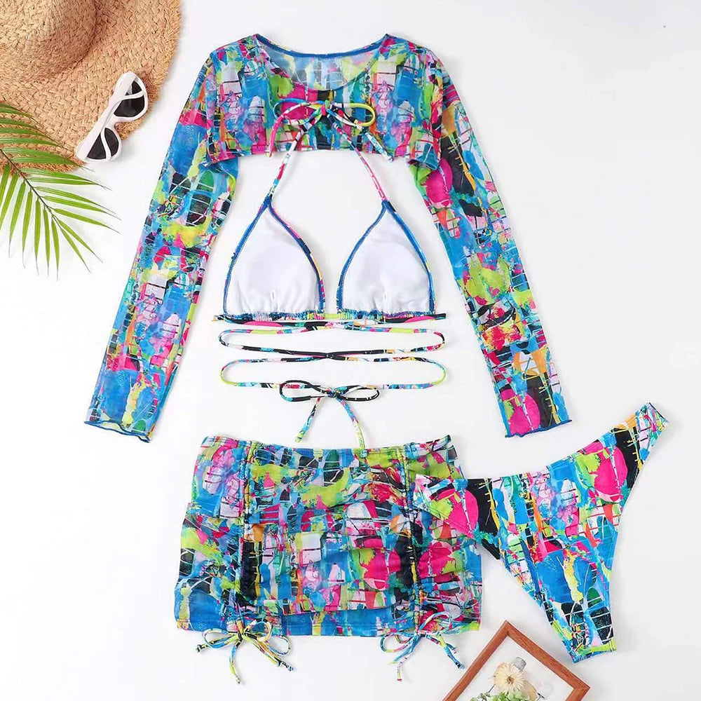 High Waist Drawstring Print Bikini Set 4 Pieces Swimsuit For Women Micro Swimwear Beachwear Long Sleeve Bathing Suit Biquini