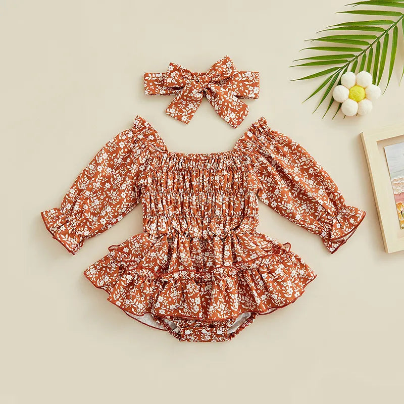 Cute Sweety Baby Girls Spring Autumn Romper Dresses Long Sleeve Off Shoulder Floral Print Tutu Romper with Headband For Toddler