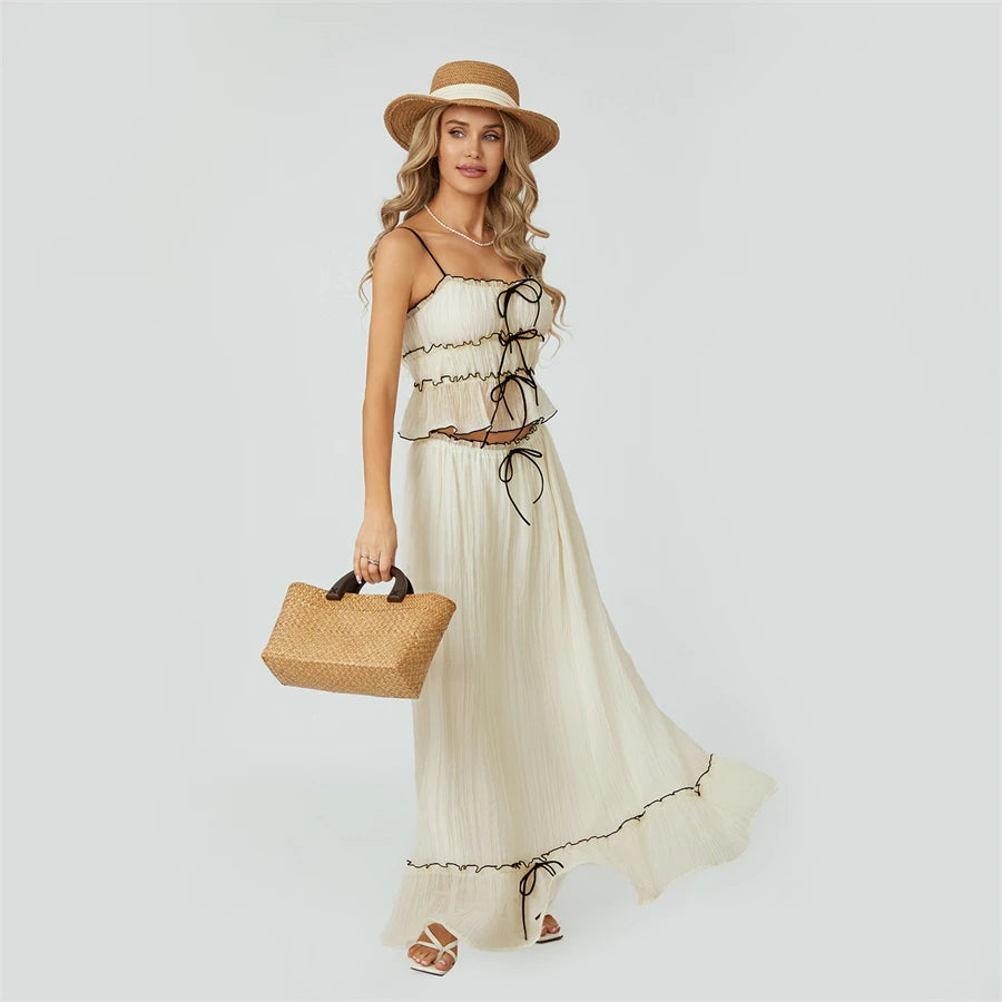 Women 2 Piece Ruffle Maxi Skirt Set Front Tie Up Tank Top and Flowy Ruffle Long Skirts Summer Vacation Beach Outfits.