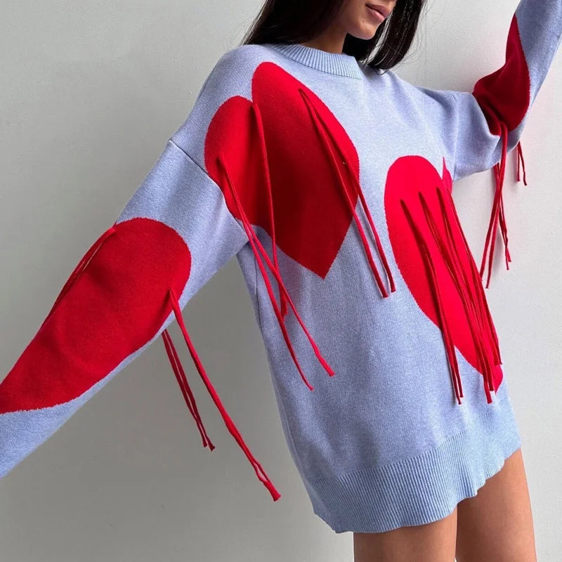 Sweater Women Valentines Day Clothes Tassel Heart Print Round Neck Long Sleeve Pullover Tops 2000s Streetwear