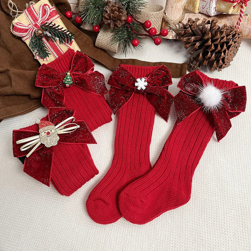 Winter Baby-Girls Christmas Socks Kids Knee High Sock Woolen Leg Warmers Children Soft Cotton Red Long Socks For 0-5Years