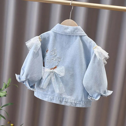 Fashion Girls Denim Jacket Falbala Full Sleeve Cartoon Cat Embroidery Casual Toddler Girl Lace Bow Jean Tops Outwear