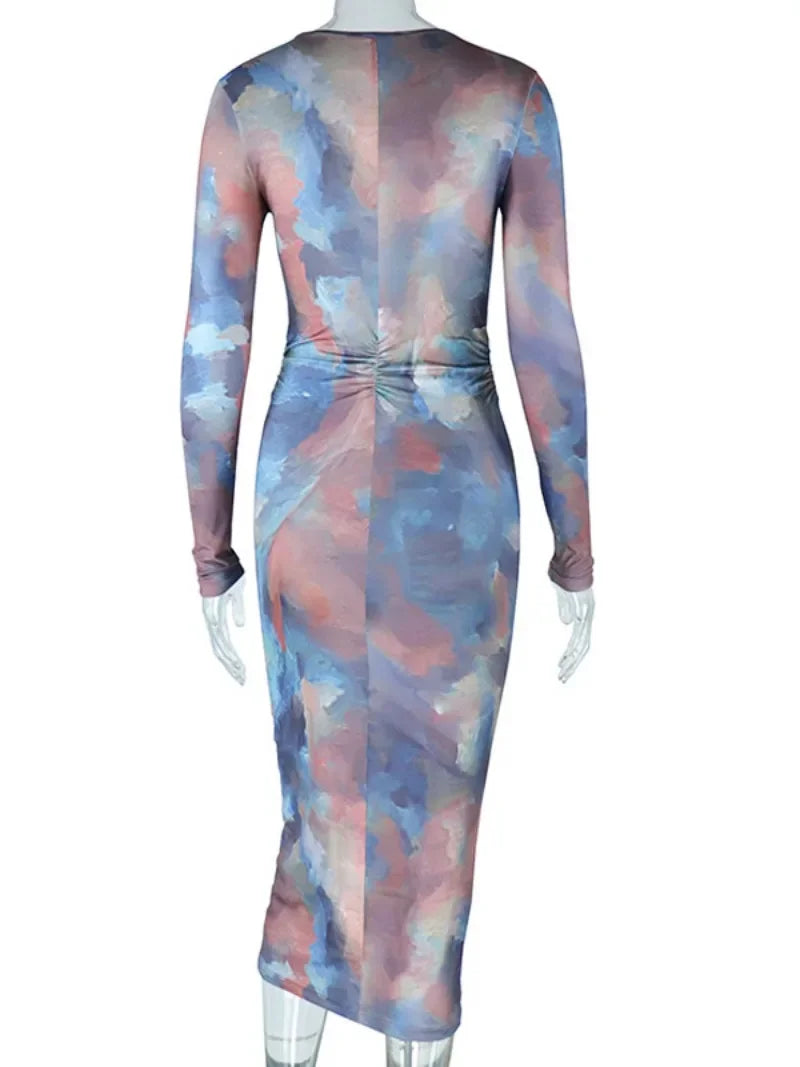Casual Sexy O-neck Tie Dye Printed Bodycon Party Dress for Women Streetwear 2024 Spring Ladies Nightclub Mid-calf Vestidos