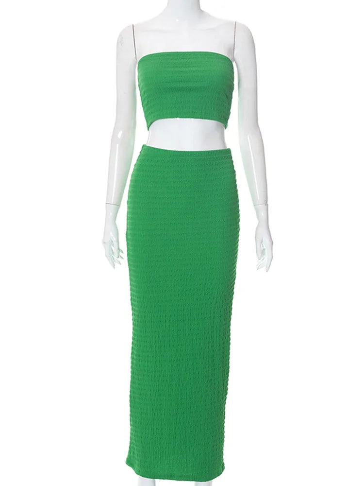 Summer Sexy Green Two Piece Set Women Casual Off The Shoulder Vest + Slim Maxi Skirts Matching Sets Women Solid Ladies Tracksuit