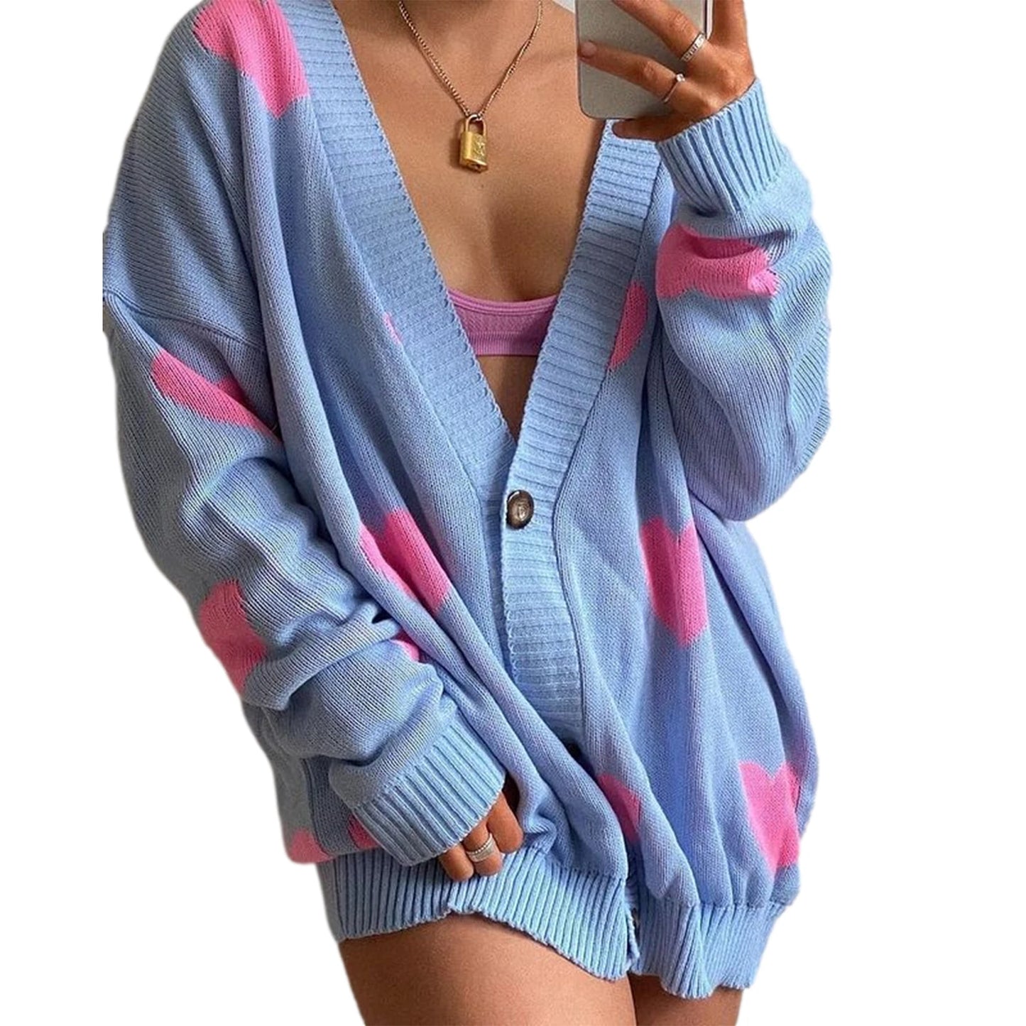 Women Valentines Day Heart Sweater Cardigan Casual Button Open Front Long Sleeve Knit Sweater Outerwear