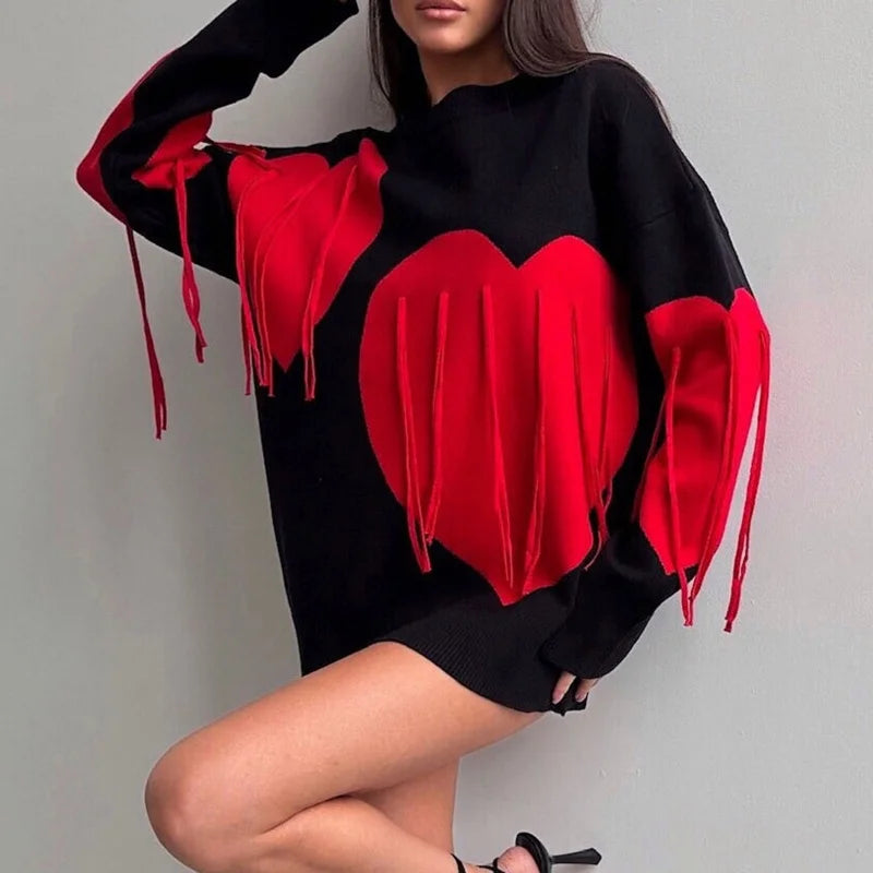 Sweater Women Valentines Day Clothes Tassel Heart Print Round Neck Long Sleeve Pullover Tops 2000s Streetwear