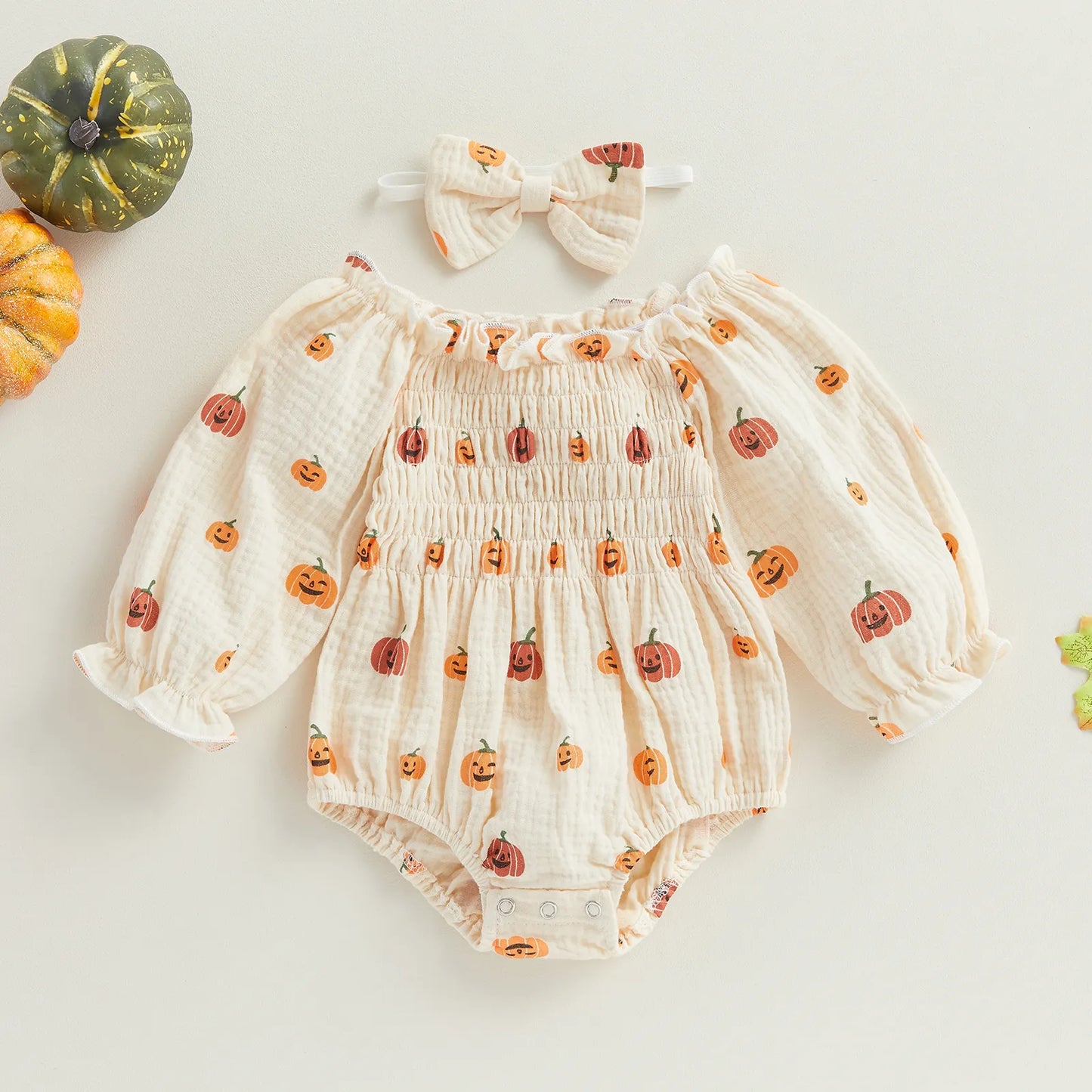 Baby-Girl Halloween Jumpsuit Cartoon Pumpkin Print Ruched Off Shoulder Long Sleeve Romper And Bow Headband