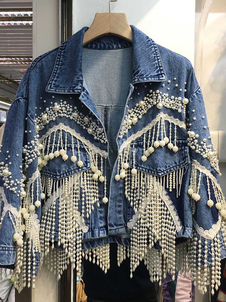 Women's Denim Coat Pearls Chains Tassel Beading Embroidered Flares Lace Long Sleeve Jackets 2023 Autumn New Fashion