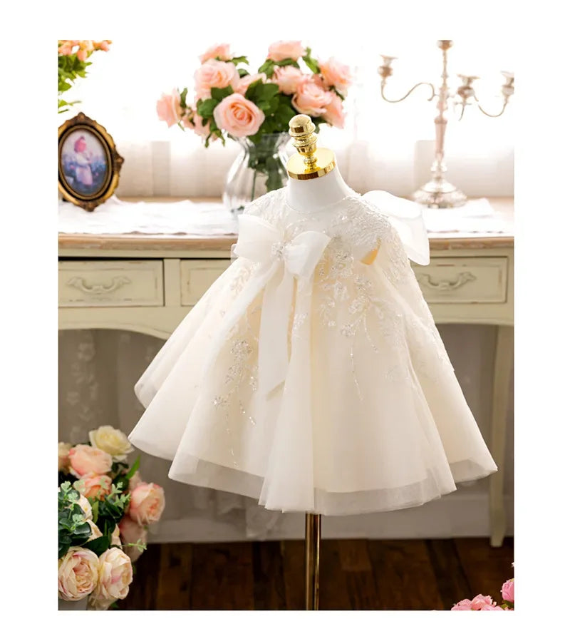 White Flower Girl Dress for Wedding Baby Baptism Sequin Tulle Birthday