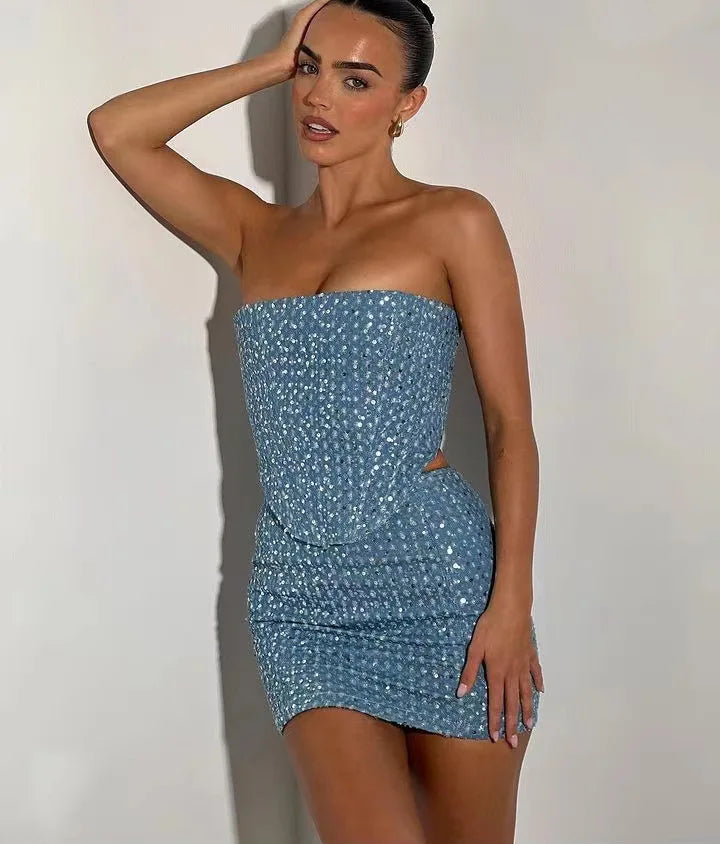 Sequins Denim Two Piece Skirts Sets Women Strapless Zipper Tube Top and Mini Skirt Sexy Party Club Outfits 2024 Spring