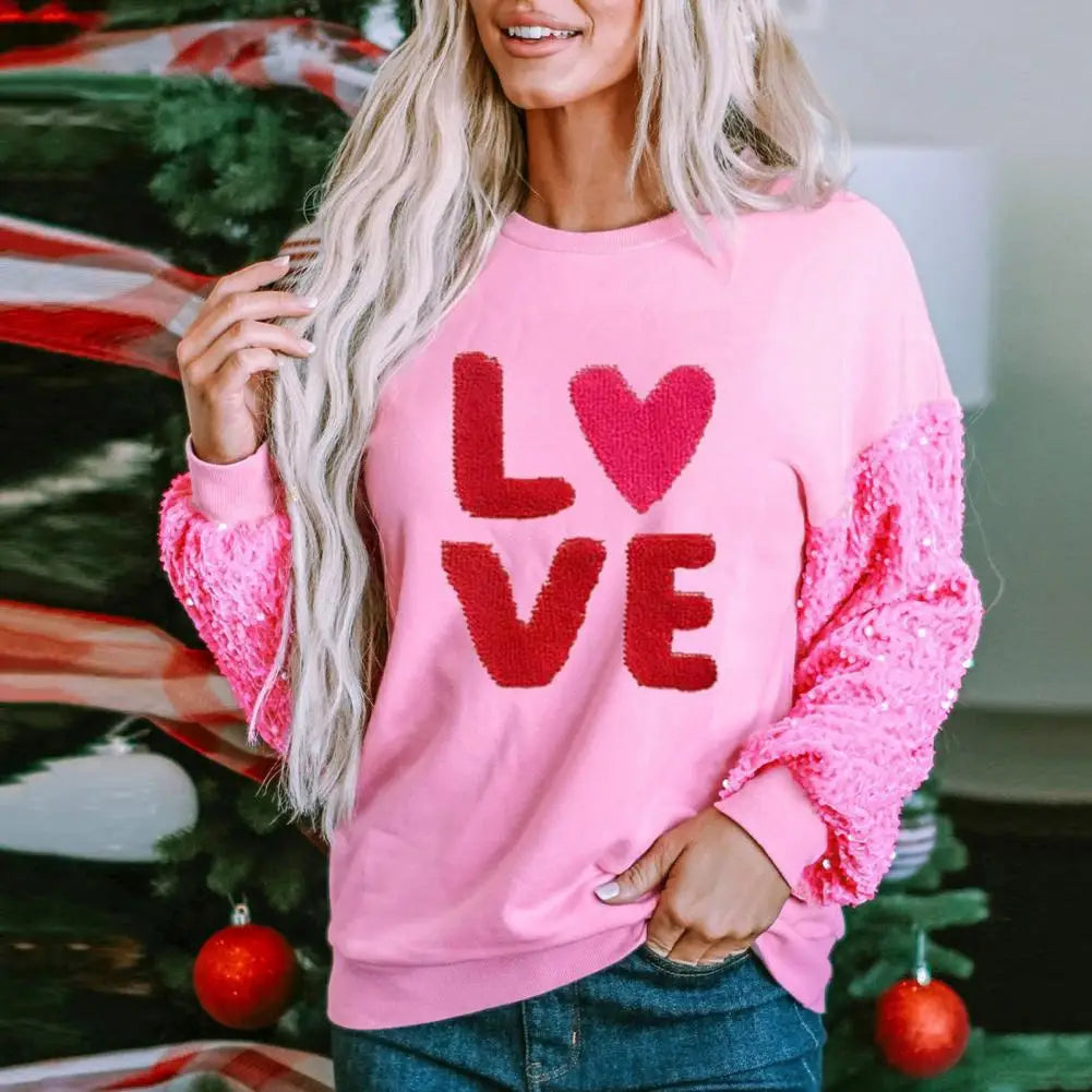 Women Valentines Day Sweatshirt Sequin Sleeves Heart Bright Color Round Neck Long Sleeve Loose Pullover Lady Party Holiday Top