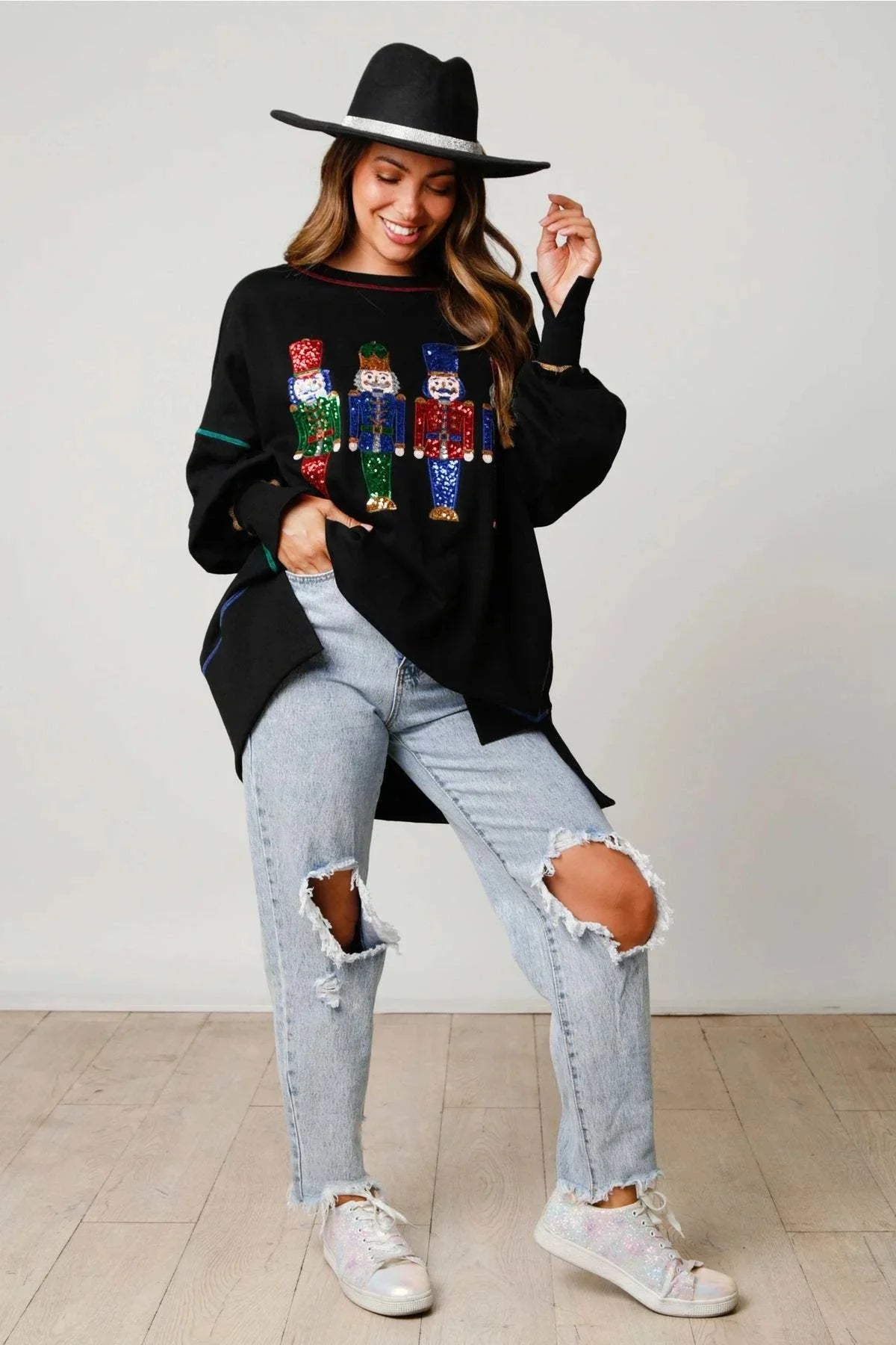 2024 Women's Christmas O-Neck Pullover Tops Sweet Sequined Thin Versatile Top Casual Long Sleeve Sweatshirt Christmas Gifts