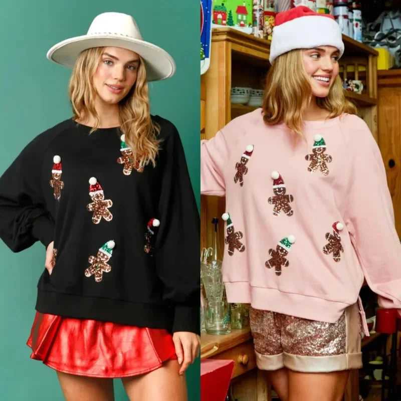 2024 Women's Christmas O-Neck Pullover Tops Sweet Sequined Thin Versatile Top Casual Long Sleeve Sweatshirt Christmas Gifts