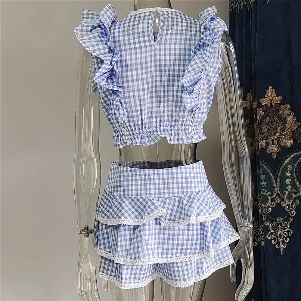 Spring Cotton Plaid Ruffled Top and Short Sunday Sets Holiday Vocation Sets