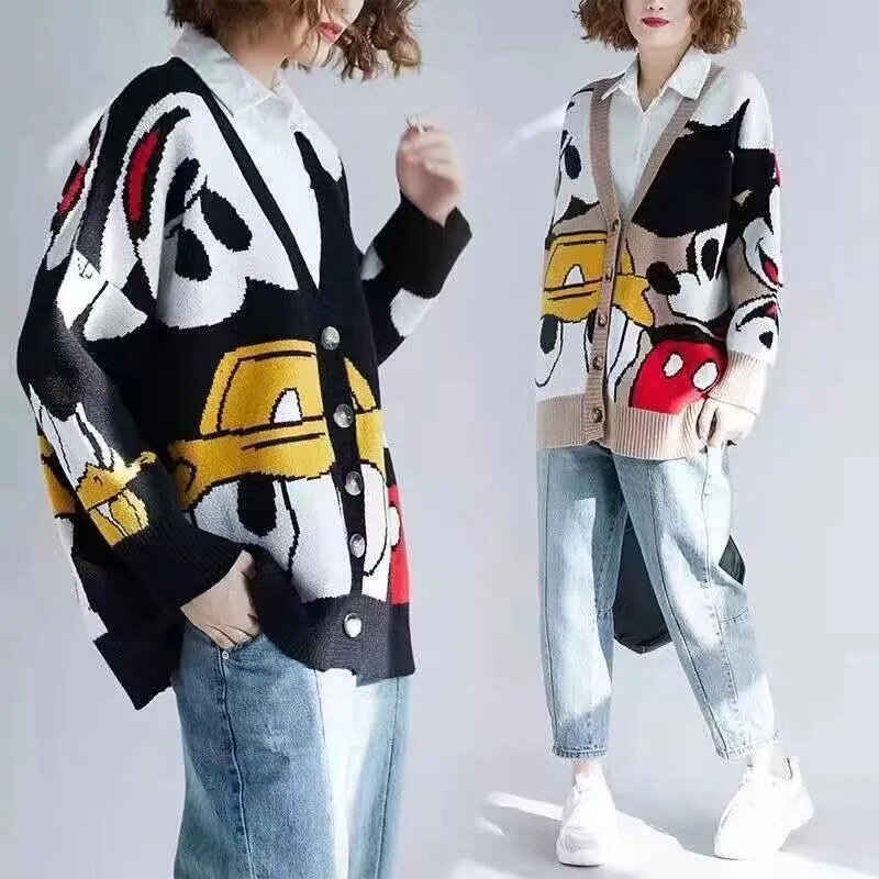 Mickey Donald Duck Printed Cartoon Couple Same Style Men and Women Sweaters Lazy and Loose Fitting Knitwear