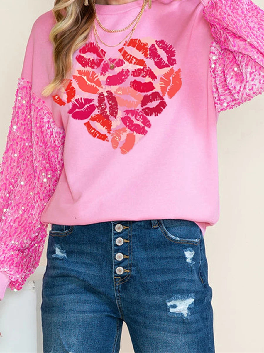 2025 Women's Valentine's Day Sequin Sleeve Sweatshirts Top Letter/Lips/Heart Print All-match Top Sweet Long Sleeve Pullover Tops