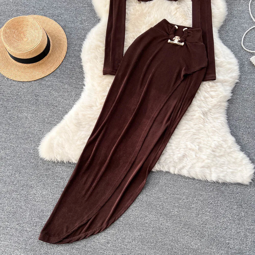 Women Sexy 2 Piece Set Fashion  Collar Long Sleeve Crop Top + Elastic Waist High Slit Long Skirt Suits