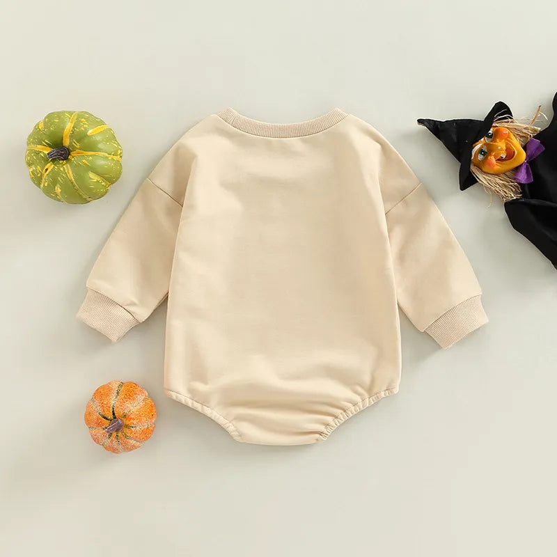 Baby Girl-Boy Halloween Romper Ghost Print Crew Neck Long Sleeve Sweatshirt Jumpsuit Fall Clothes for Toddlers