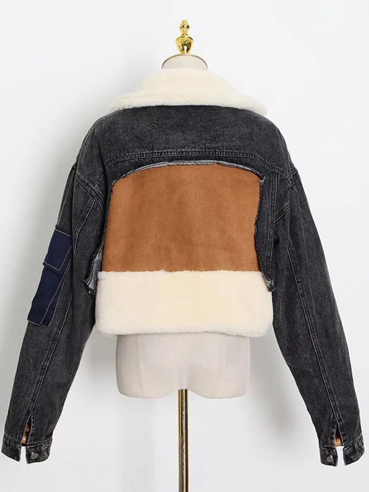 Lambswool Denim Jacket For Women Lapel Long Sleeve Patchwork Pockets Short Winter Coat