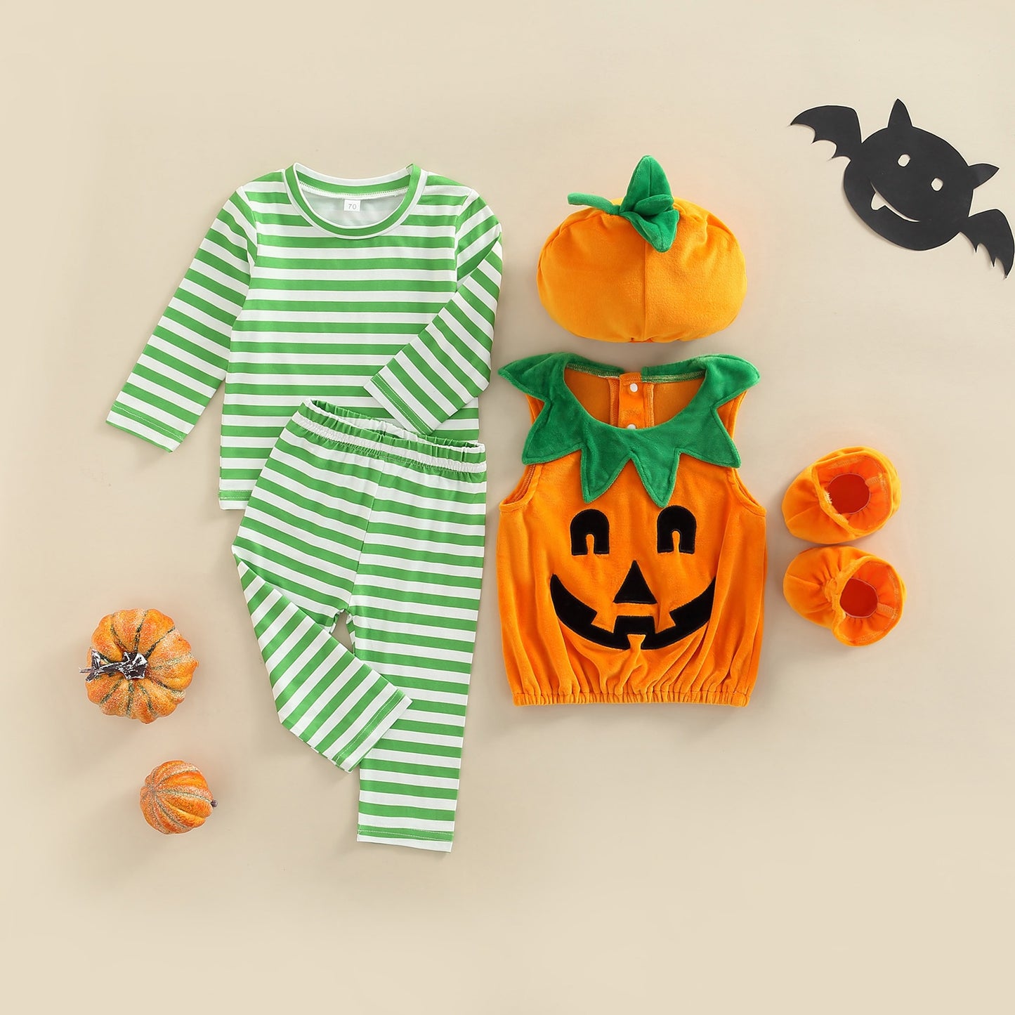 Baby Girl-Boy Long Sleeve Halloween Pumpkin Print Loose Tops + Fall Casual Pants + Hat + Shoes