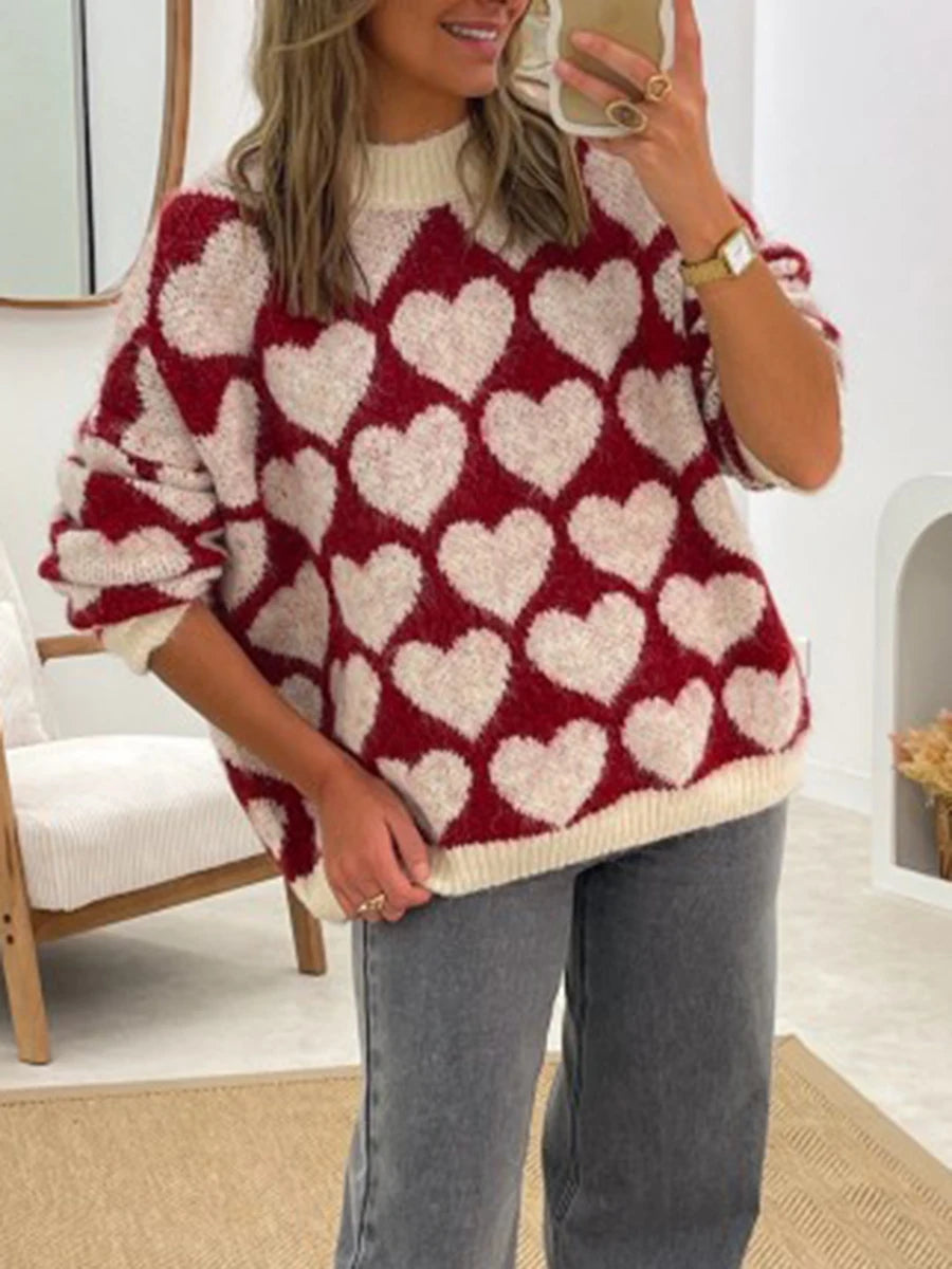 Valentine's Day Sweater Women Pink Knitted Jumper Fashion Knitwear Heart Print Oversized Pullover