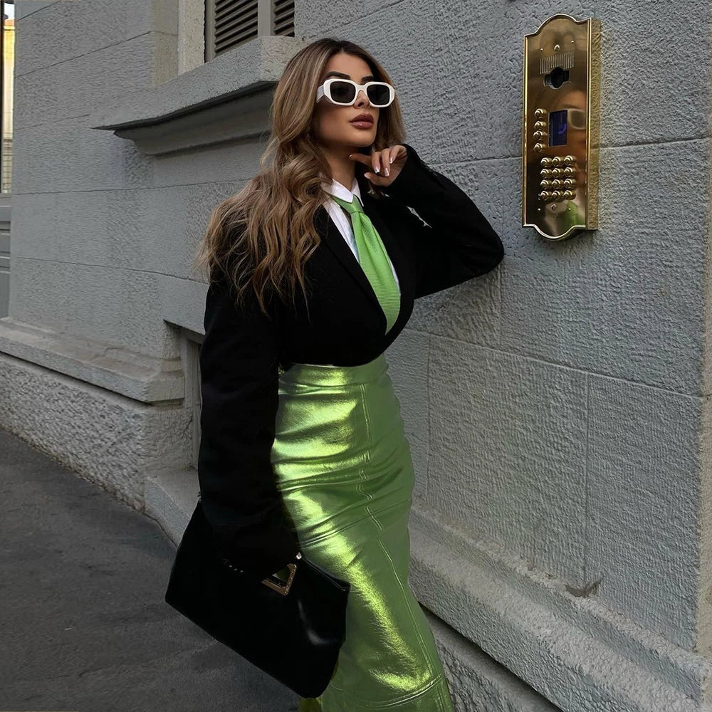 Sexy Sparkly Slit Luxury Long Skirts Women High Waist Metallic Green Slim Maxi Skirt 2023 Elegant Birthday Party Clothes