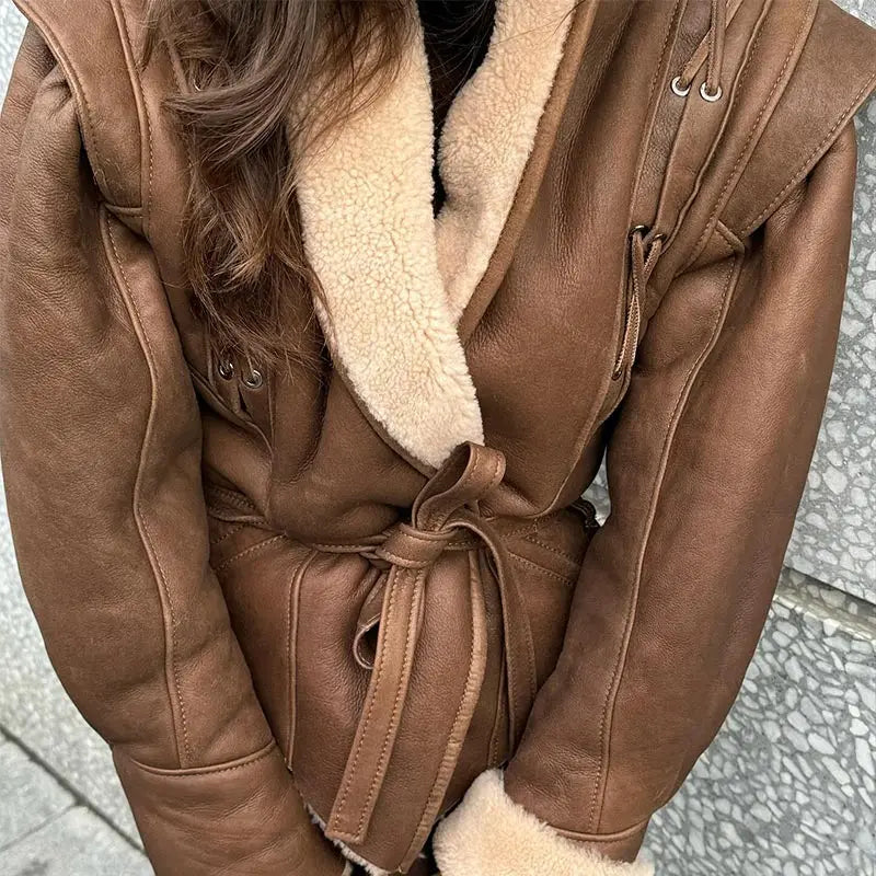 Women Elegant Irregular Hem Plush Lapel Coats Fashion Lace Up Pocket Long Sleeved Jacket 2024 Autumn Winter New Warm Outwear