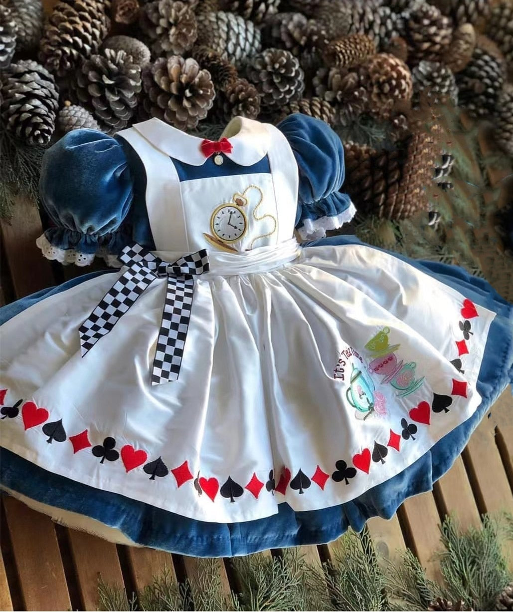 Baby Girl Blue Velvet Alice Embroidery Vintage Princess Ball Gown Dress for Christmas Birthday Causal 0-12Y