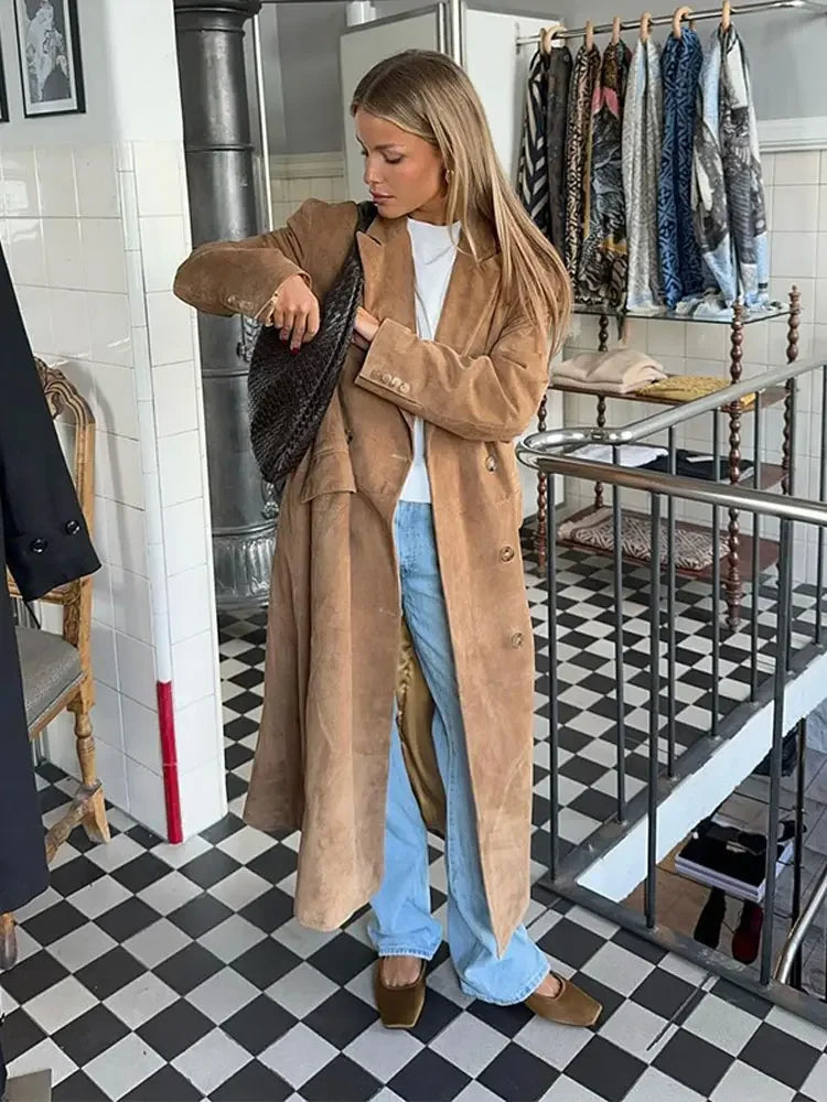 Fashion Lapel Long Windbreaker Jacket Elegant Casual Suede Leather Women's Trench Coat Oversize Autumn Commute Street Outerwear