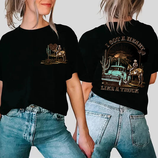 Women T-shirt Front and Back Shirt Cowboy T-shirt Western Rodeo Desert T Shirt for Women