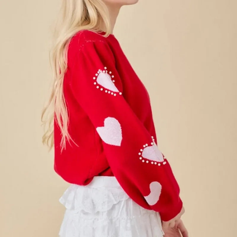 Women Valentine's Day Knit Sweater Autumn Winter Clothes Red Long Sleeve Round Neck Heart Knitwear